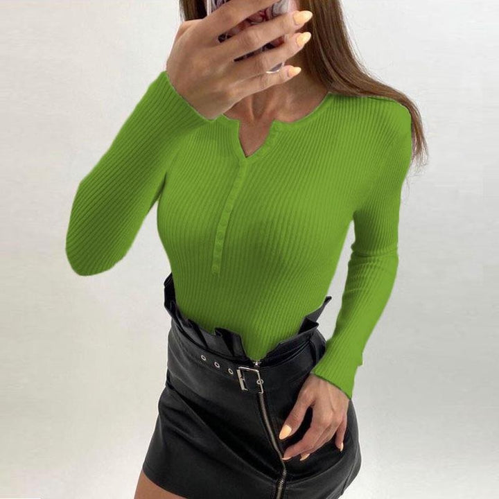 Kvinnors långärmad V-hals topp med texturerad ribbad look Mirla-Eva Jonsson