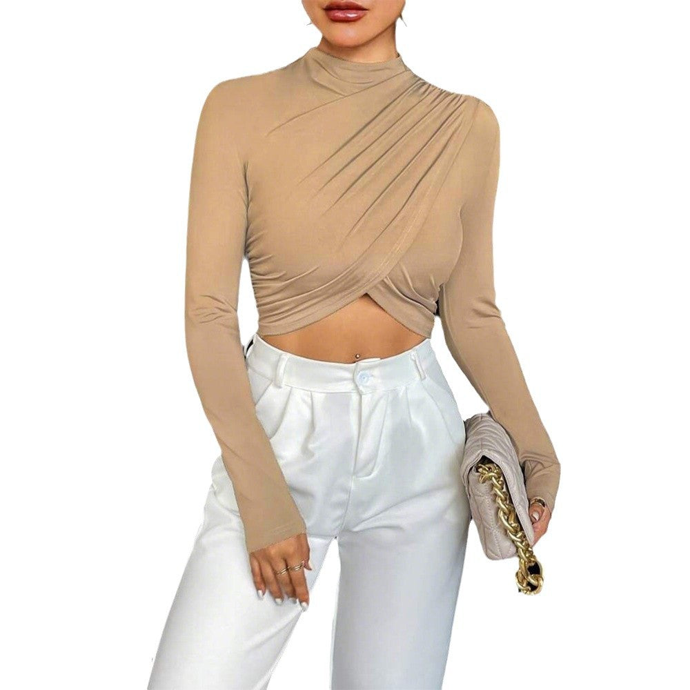 Kvinnors långärmad crop top med asymmetrisk drapering och elegant ståkrage Mirla-Eva Jonsson