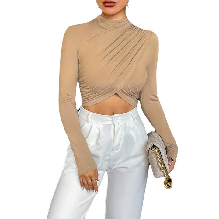 Kvinnors långärmad crop top med asymmetrisk drapering och elegant ståkrage Mirla-Eva Jonsson