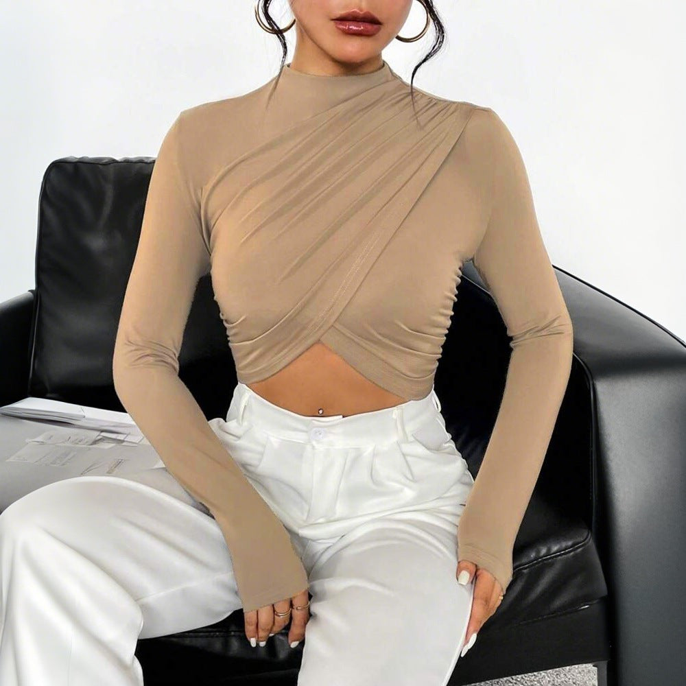 Kvinnors långärmad crop top med asymmetrisk drapering och elegant ståkrage Mirla-Eva Jonsson