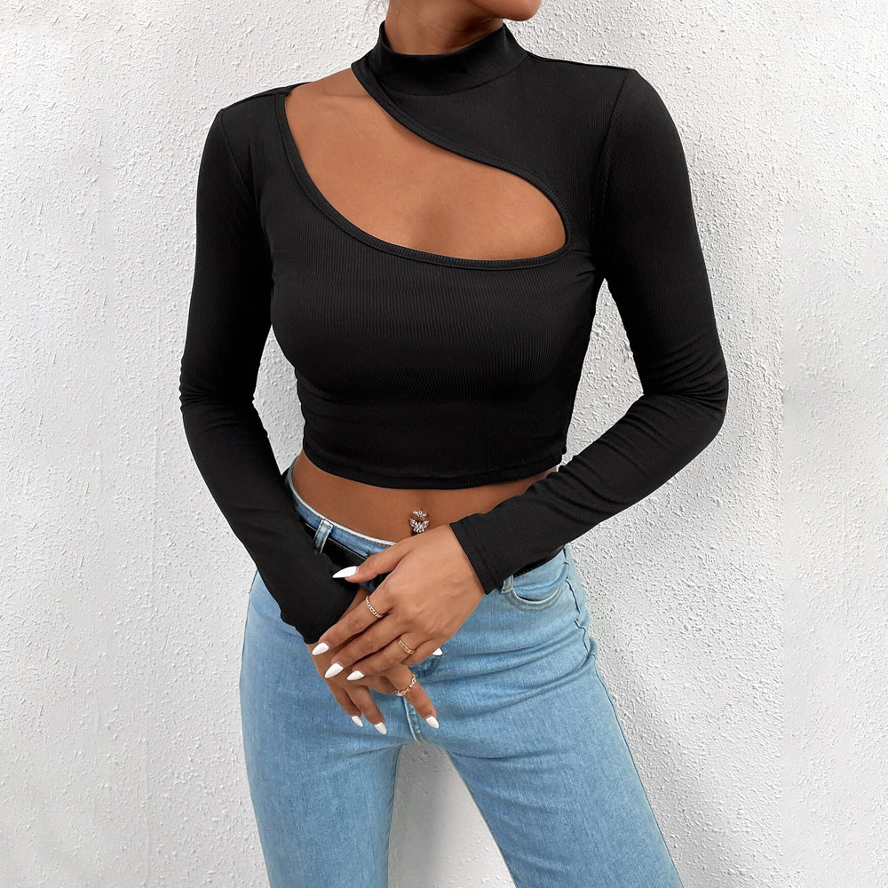 Kvinnors långärmad crop top med asymmetrisk halsringning och elegant ståkrage Mirla-Eva Jonsson