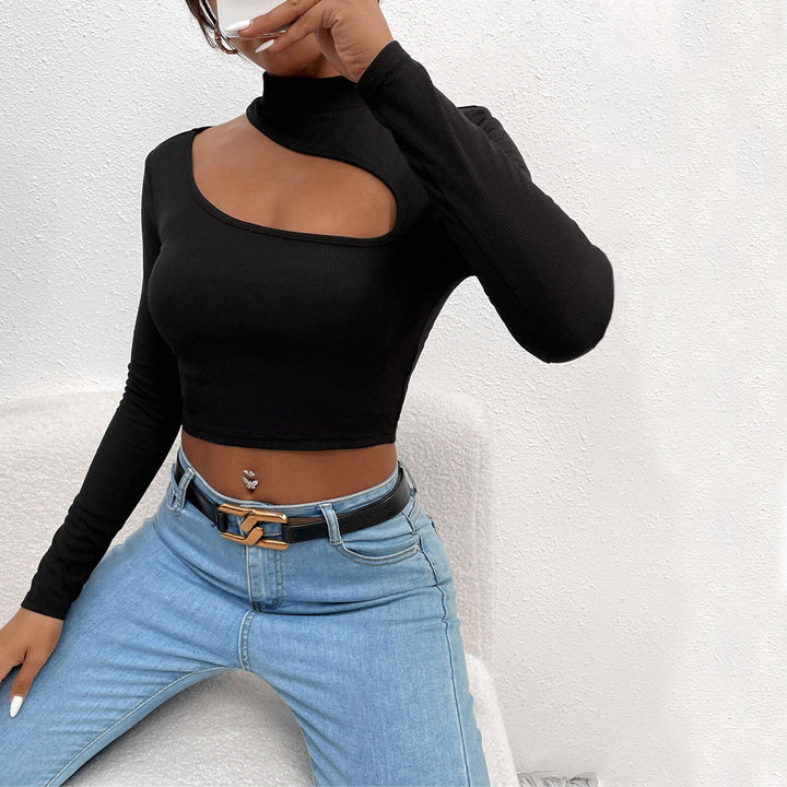 Kvinnors långärmad crop top med asymmetrisk halsringning och elegant ståkrage Mirla-Eva Jonsson