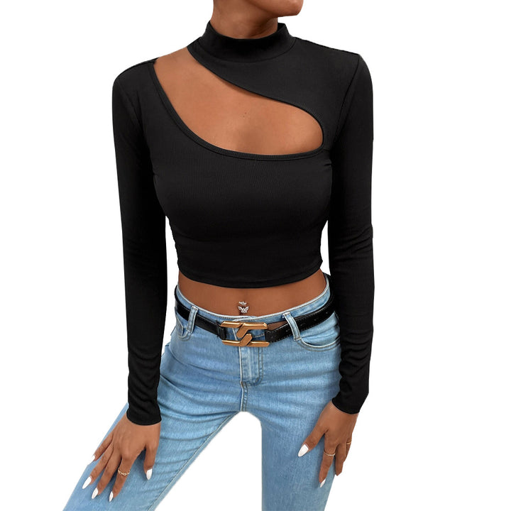 Kvinnors långärmad crop top med asymmetrisk halsringning och elegant ståkrage Mirla-Eva Jonsson