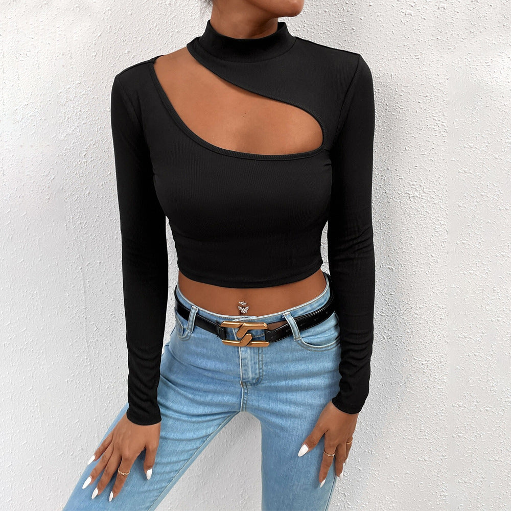 Kvinnors långärmad crop top med asymmetrisk halsringning och elegant ståkrage Mirla-Eva Jonsson