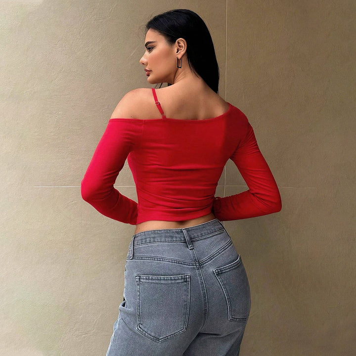 Kvinnors långärmad crop top med asymmetrisk skärning och rynkad Mirla-Eva Jonsson