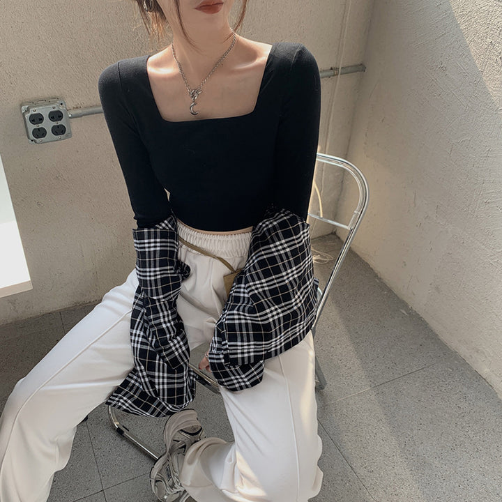 Kvinnors långärmad crop top med elegant fyrkantig halsringning och smickrande passform-Eva Jonsson
