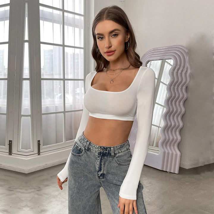 Kvinnors långärmad crop top med elegant fyrkantig nacke och bekväm passform Mirla-Eva Jonsson