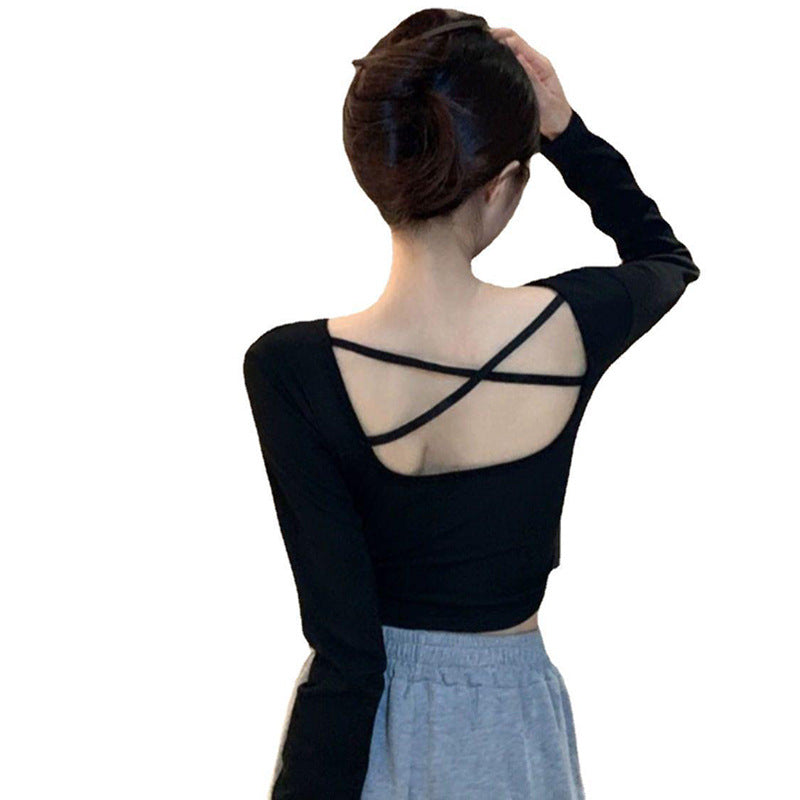 Kvinnors långärmad crop top med krysset rygg och elegant V-hals-Eva Jonsson