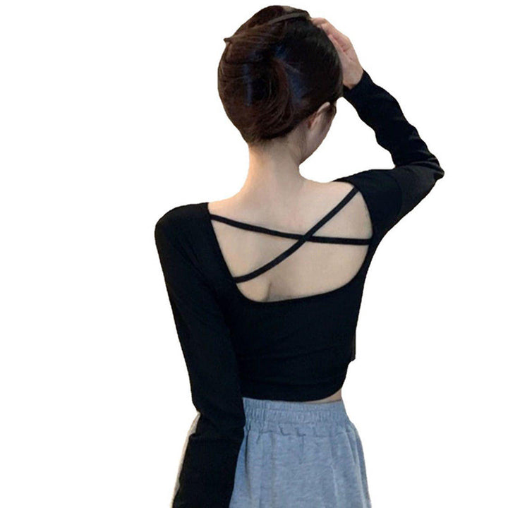 Kvinnors långärmad crop top med krysset rygg och elegant V-hals-Eva Jonsson