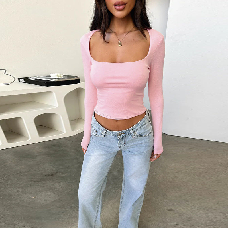 Kvinnors långärmad crop top med original U-hals och figursättande skärning-Eva Jonsson