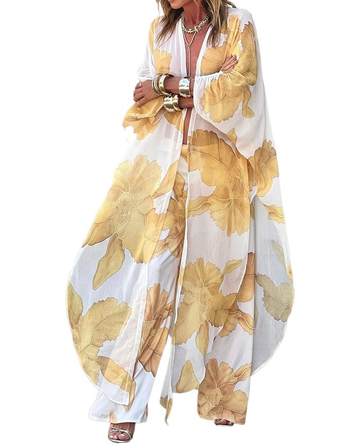 Kvinnors långärmad kimono med blommönster och flödande tyg Mirla-Eva Jonsson