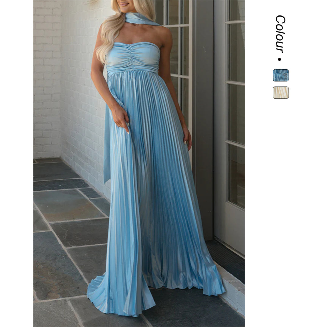 Kvinnors långärmad maxikjol med elegant plisserad kjol och off-shoulder silhuett-Eva Jonsson