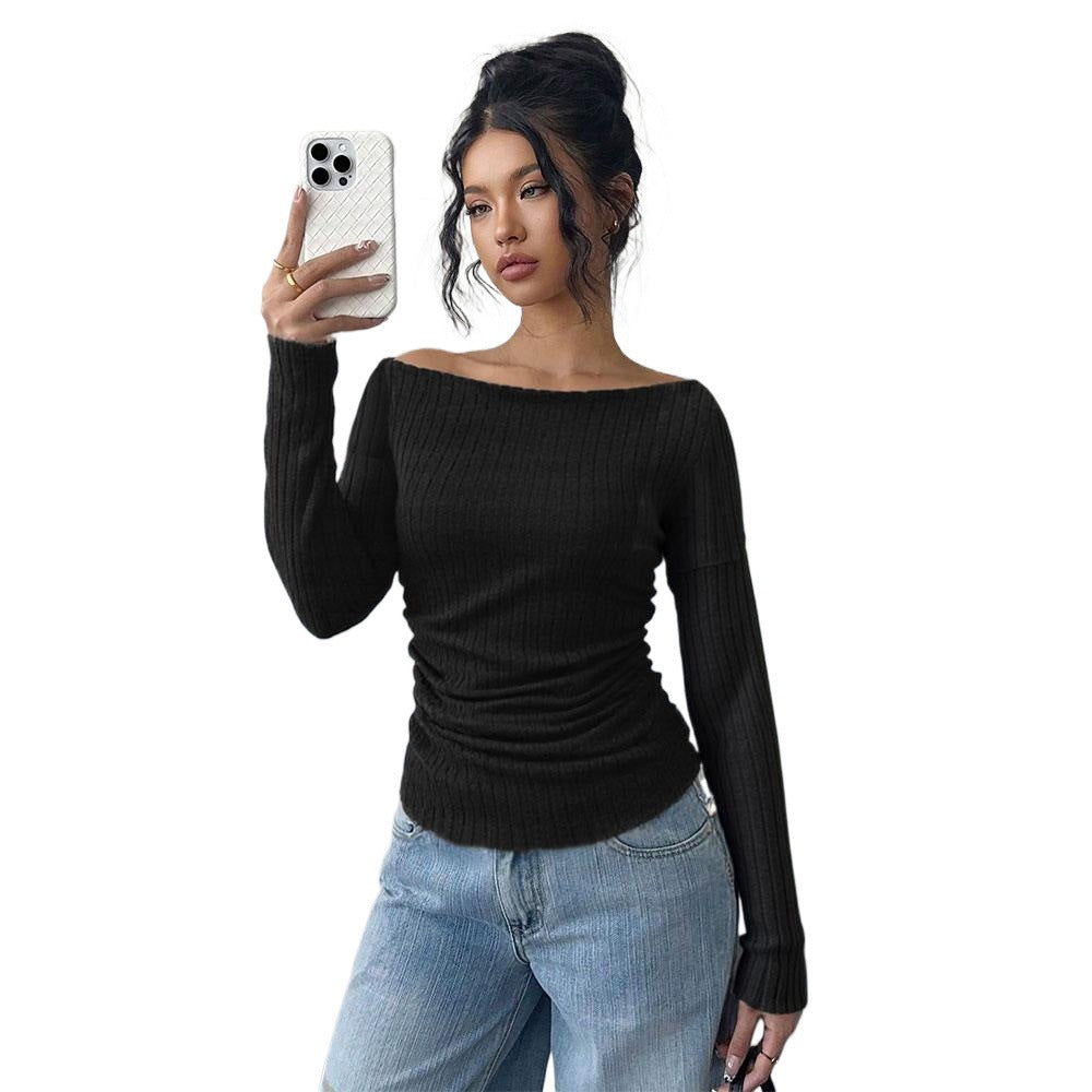 Kvinnors långärmad skjorta med off-shoulder passform och elegant samling Mirla-Eva Jonsson