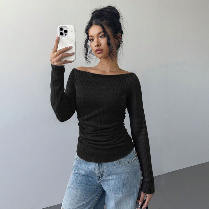Kvinnors långärmad skjorta med off-shoulder passform och elegant samling Mirla-Eva Jonsson