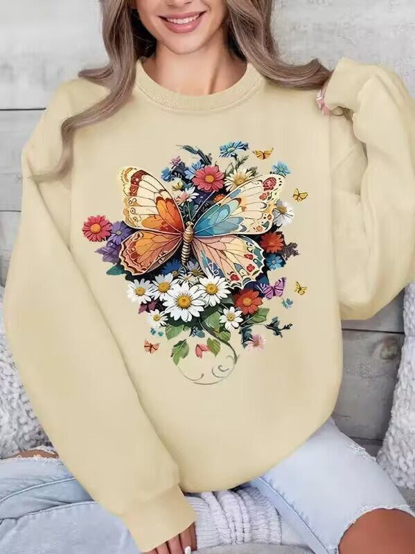 Kvinnors långärmad sweatshirt med blommigt fjärilstryck Mirla-Eva Jonsson
