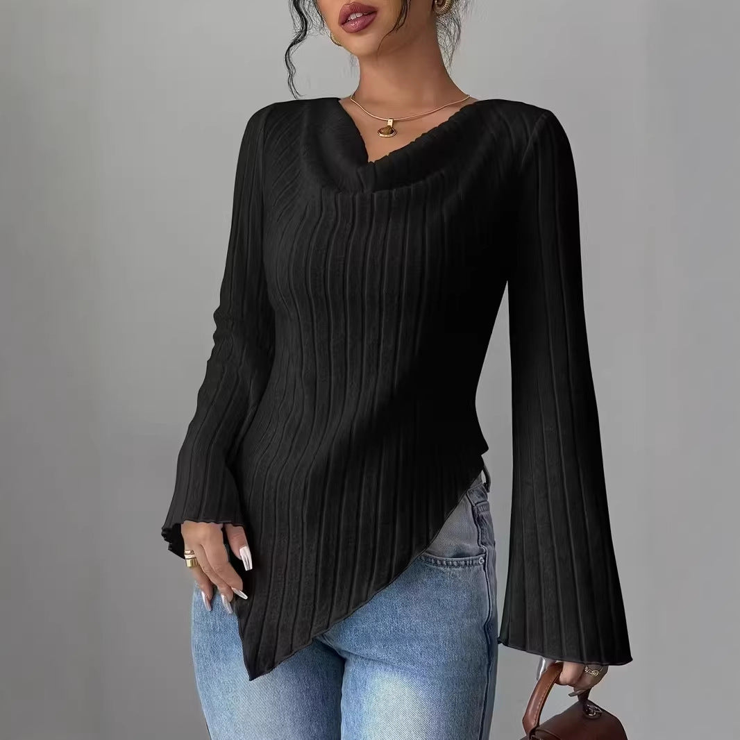 Kvinnors långärmad topp med asymmetrisk fåll och strukturerad ribbdesign Mirla-Eva Jonsson