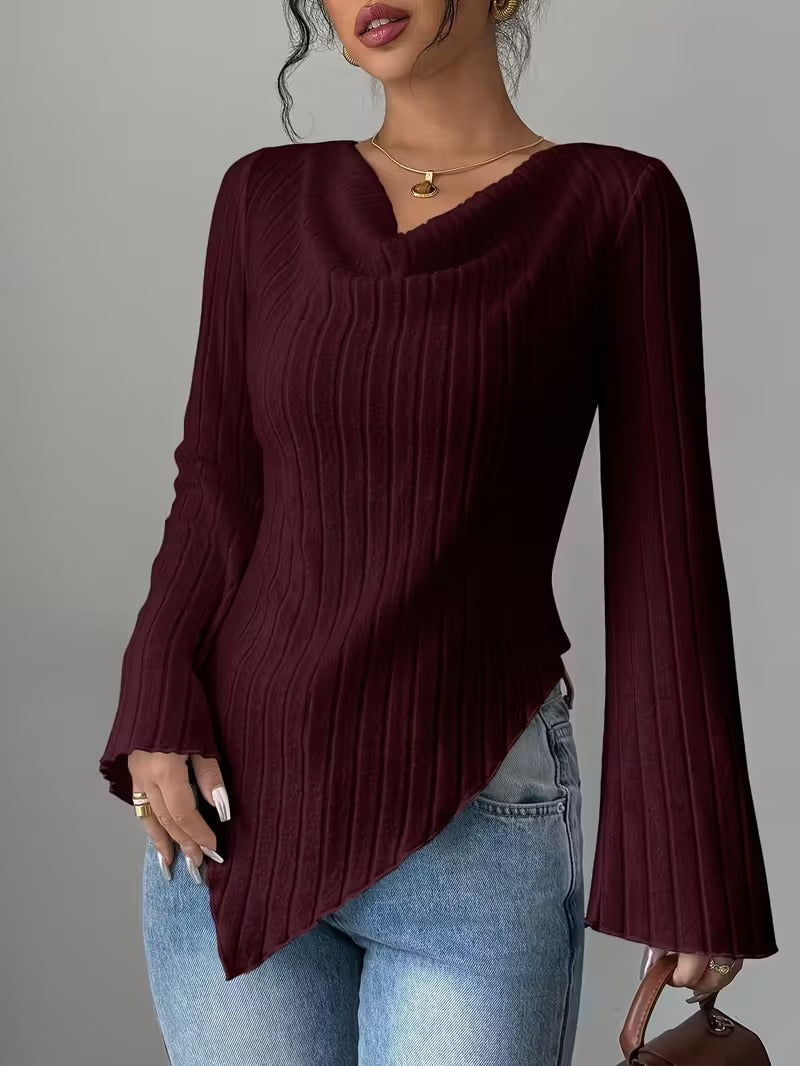 Kvinnors långärmad topp med asymmetrisk fåll och strukturerad ribbdesign Mirla-Eva Jonsson