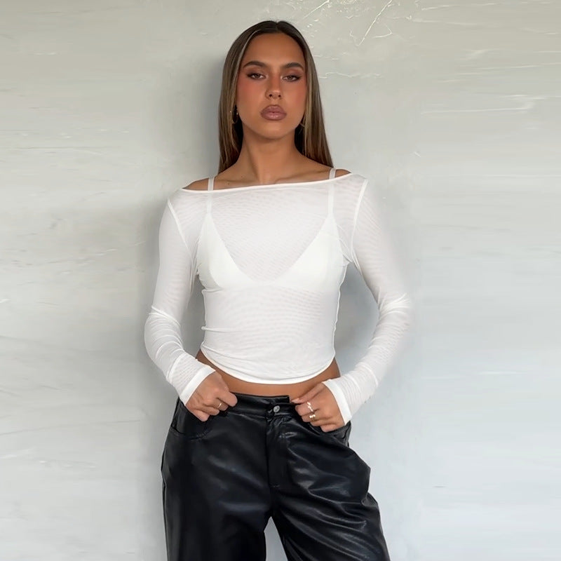 Kvinnors långärmad topp med transparent mesh-design och off-shoulder-look-Eva Jonsson