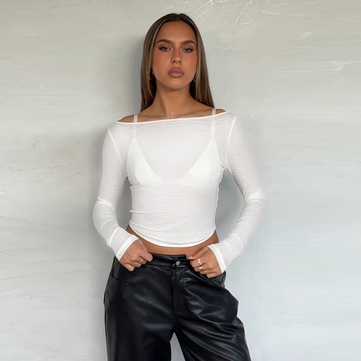 Kvinnors långärmad topp med transparent mesh-design och off-shoulder-look-Eva Jonsson