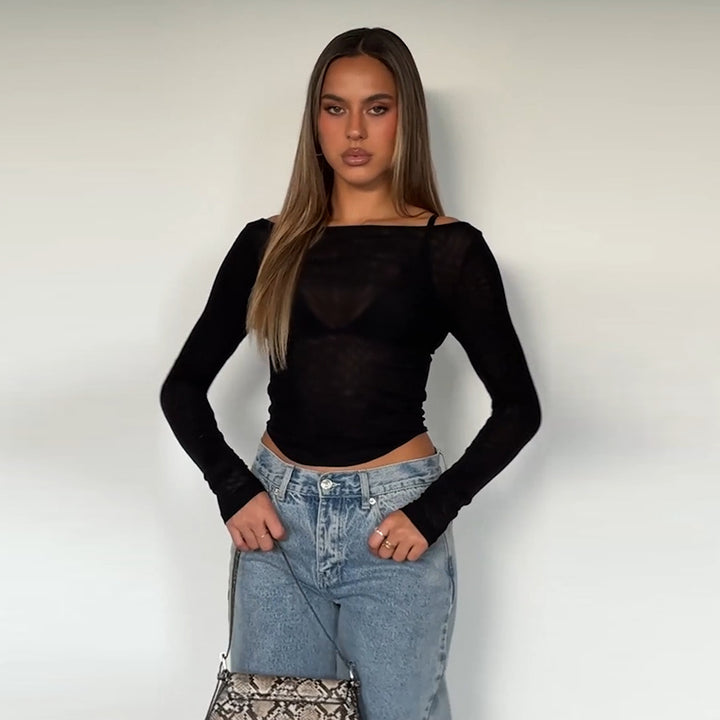Kvinnors långärmad topp med transparent mesh-design och off-shoulder-look-Eva Jonsson