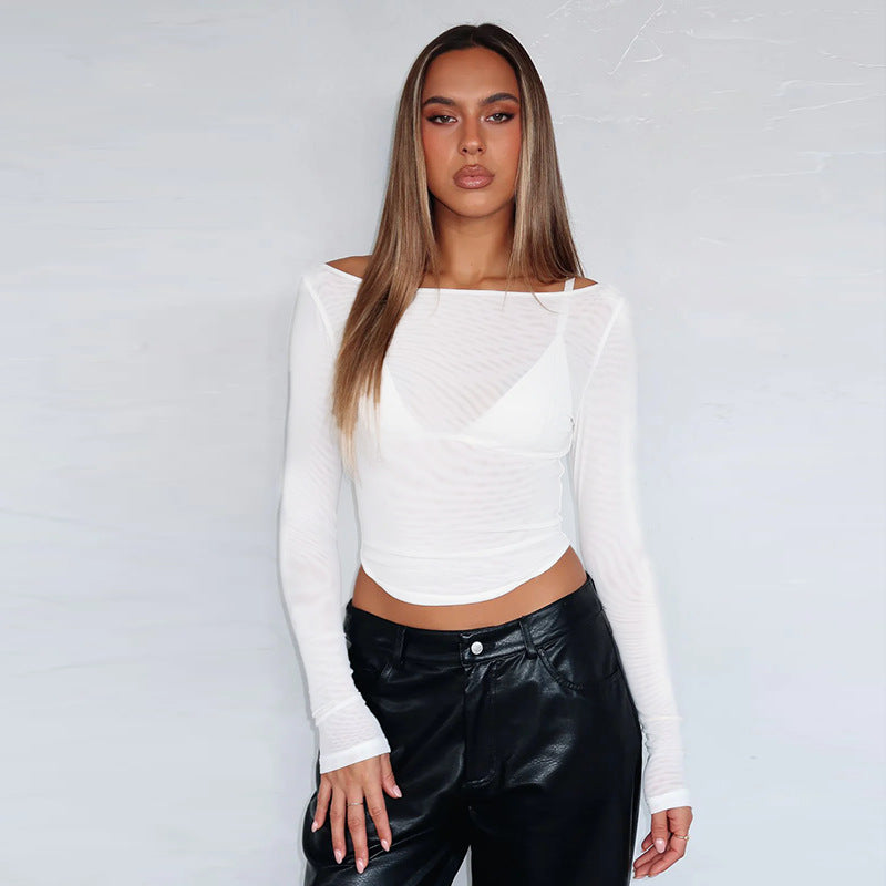 Kvinnors långärmad topp med transparent mesh-design och off-shoulder-look-Eva Jonsson