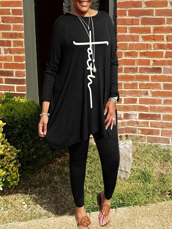 Kvinnors leggings och tunikセット med asymmetrisk skärning och motiverande tryck Mirla-Eva Jonsson