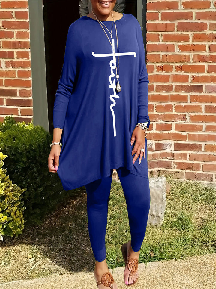 Kvinnors leggings och tunikセット med asymmetrisk skärning och motiverande tryck Mirla-Eva Jonsson