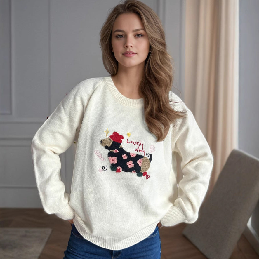 Kvinnors lekfulla sweatshirt med unik djurdesign och blomsterbroderi Mirla-Eva Jonsson