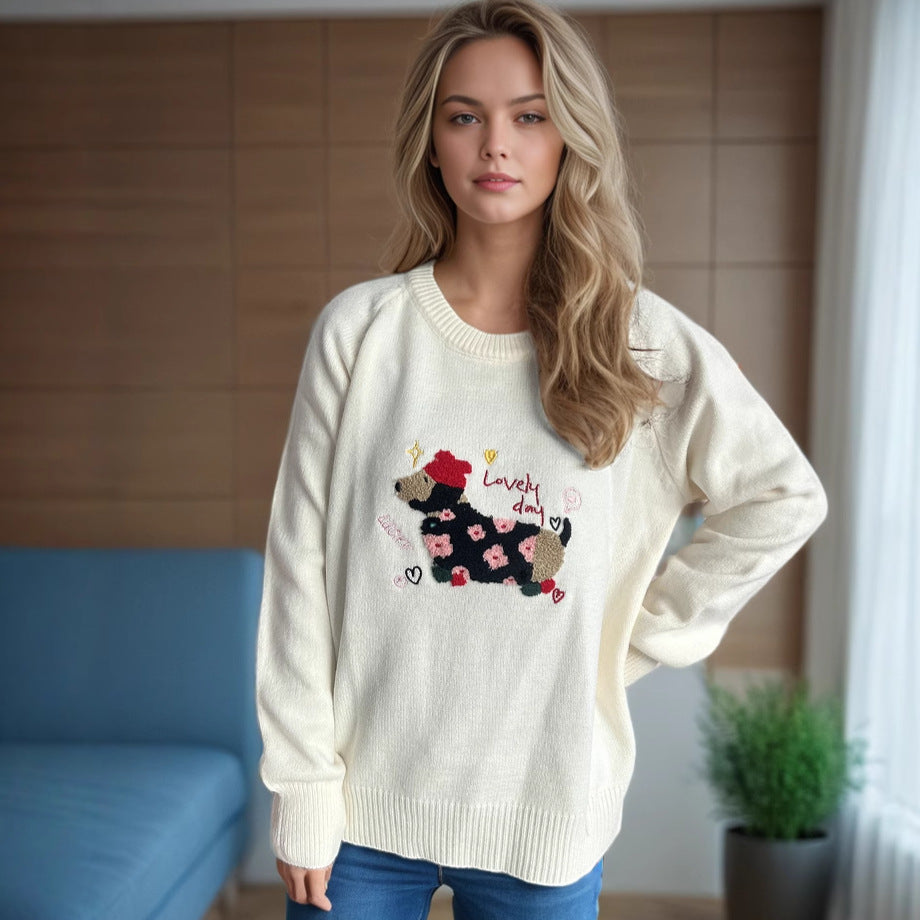 Kvinnors lekfulla sweatshirt med unik djurdesign och blomsterbroderi Mirla-Eva Jonsson