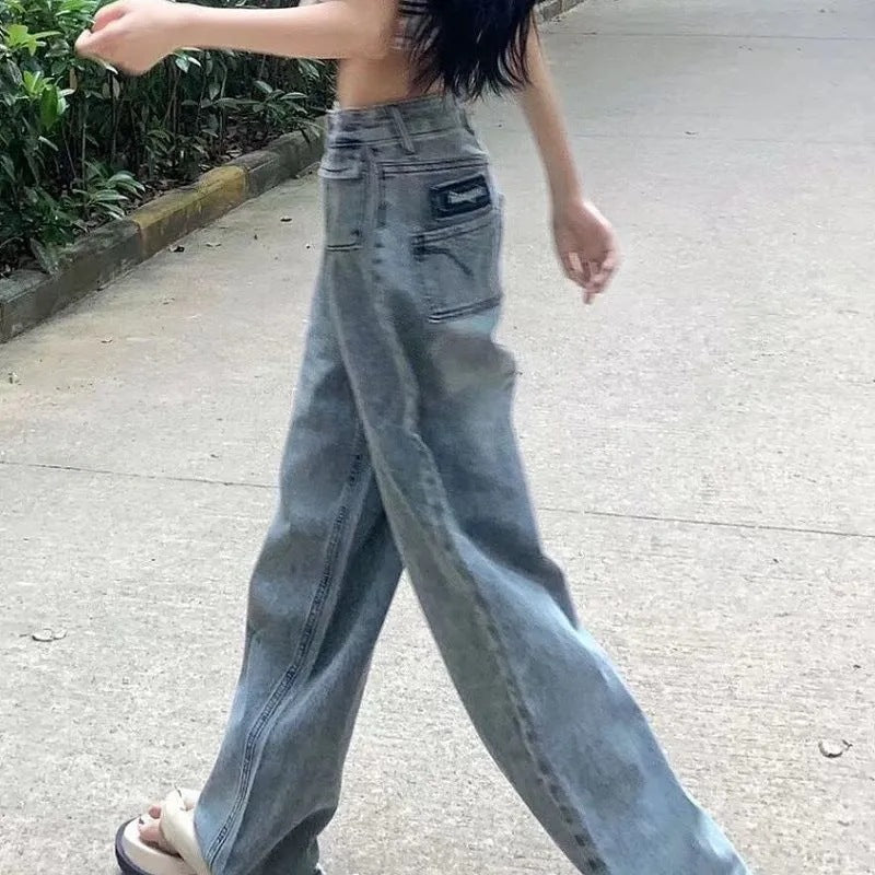 Kvinnors lös passform denimbyxor med höga fickor och vintage tvätt Mirla-Eva Jonsson