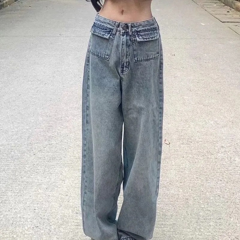 Kvinnors lös passform denimbyxor med höga fickor och vintage tvätt Mirla-Eva Jonsson
