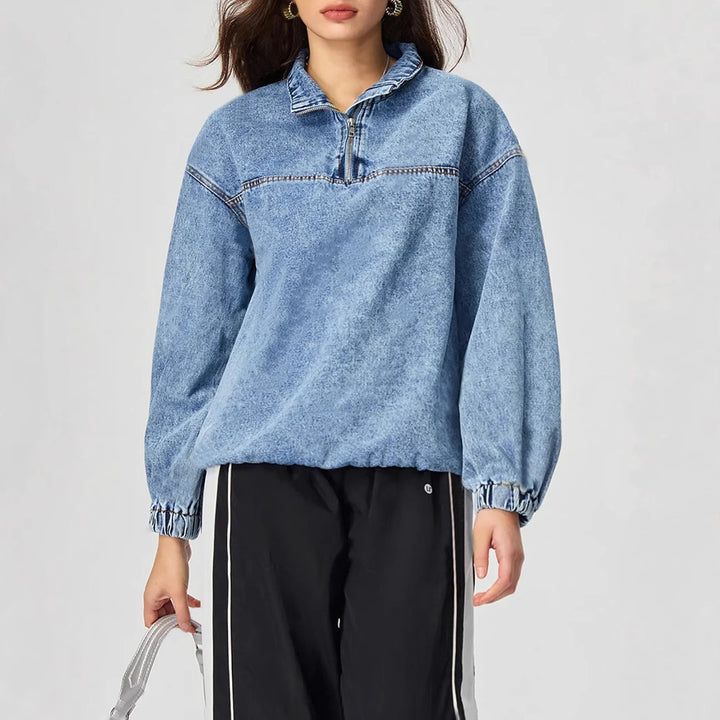 Kvinnors lösa denimpullover med stående krage och dragkedja Mirla-Eva Jonsson