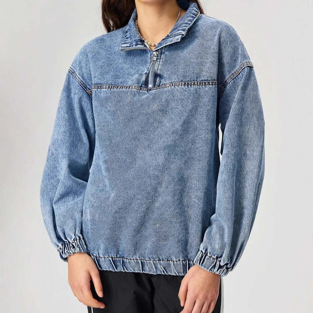 Kvinnors lösa denimpullover med stående krage och dragkedja Mirla-Eva Jonsson