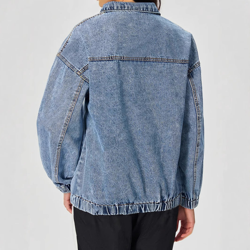 Kvinnors lösa denimpullover med stående krage och dragkedja Mirla-Eva Jonsson