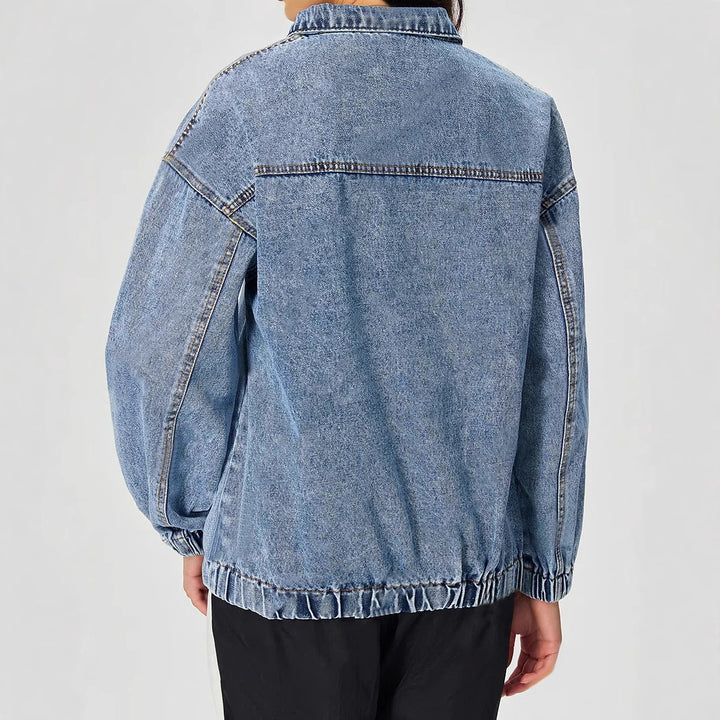 Kvinnors lösa denimpullover med stående krage och dragkedja Mirla-Eva Jonsson
