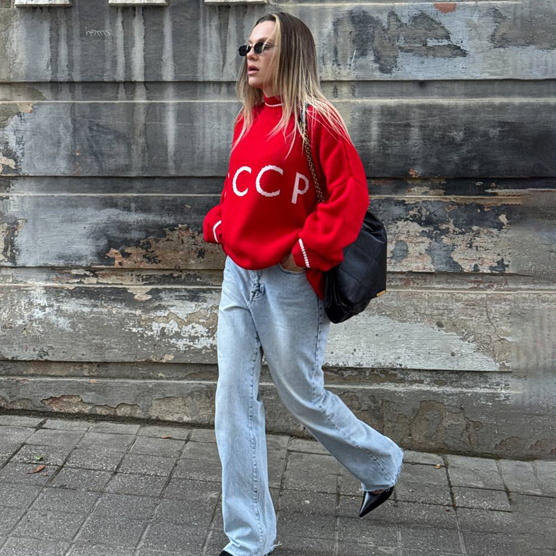 Kvinnors löst stickad tröja med retrotryck Mirla-Eva Jonsson