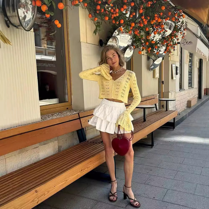 Kvinnors luftig stickad pullover i Boho-stil med voluminösa ärmar Mirla-Eva Jonsson