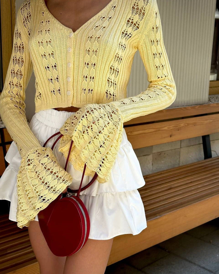 Kvinnors luftig stickad pullover i Boho-stil med voluminösa ärmar Mirla-Eva Jonsson