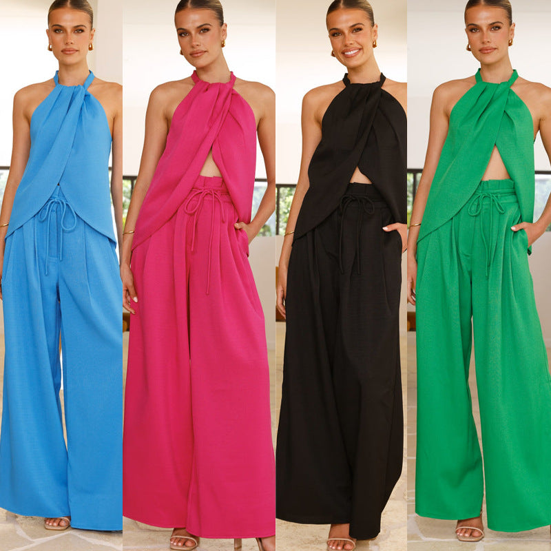 Kvinnors luftiga chiffong halterneck jumpsuit med elastisk midja dragsko Mirla-Eva Jonsson