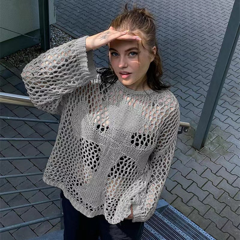 Kvinnors luftiga stickade tröja med öppen nätdesign Mirla-Eva Jonsson