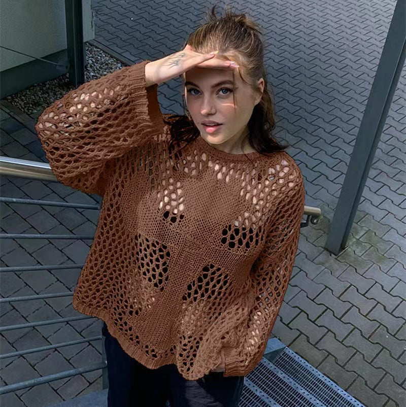 Kvinnors luftiga stickade tröja med öppen nätdesign Mirla-Eva Jonsson