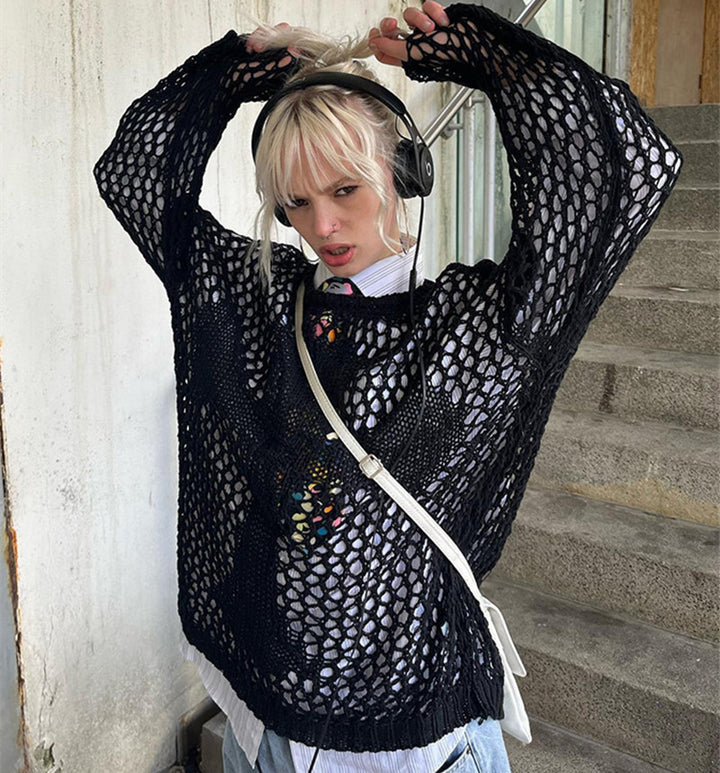 Kvinnors luftiga stickade tröja med öppen nätdesign Mirla-Eva Jonsson
