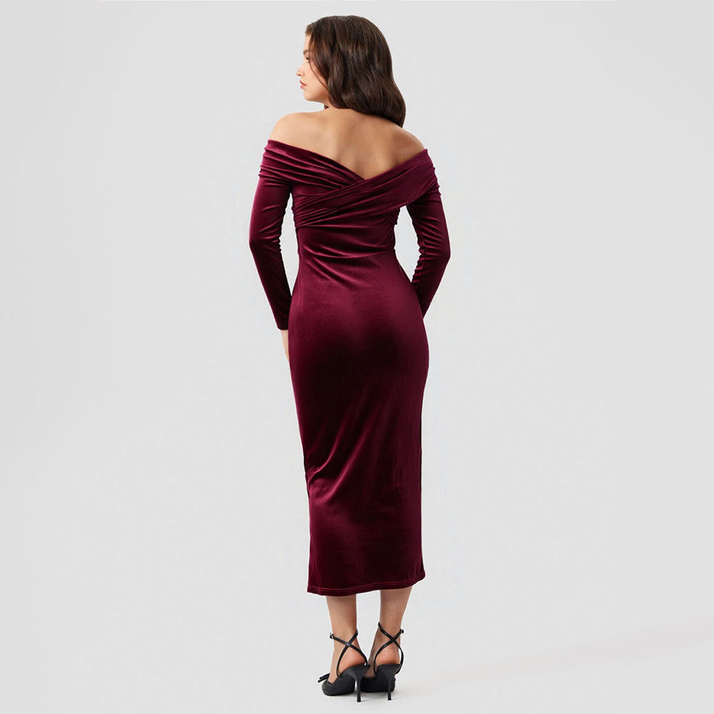 Kvinnors lyxiga aftonklänning med off-shoulder design och sidoklyfta Mirla-Eva Jonsson