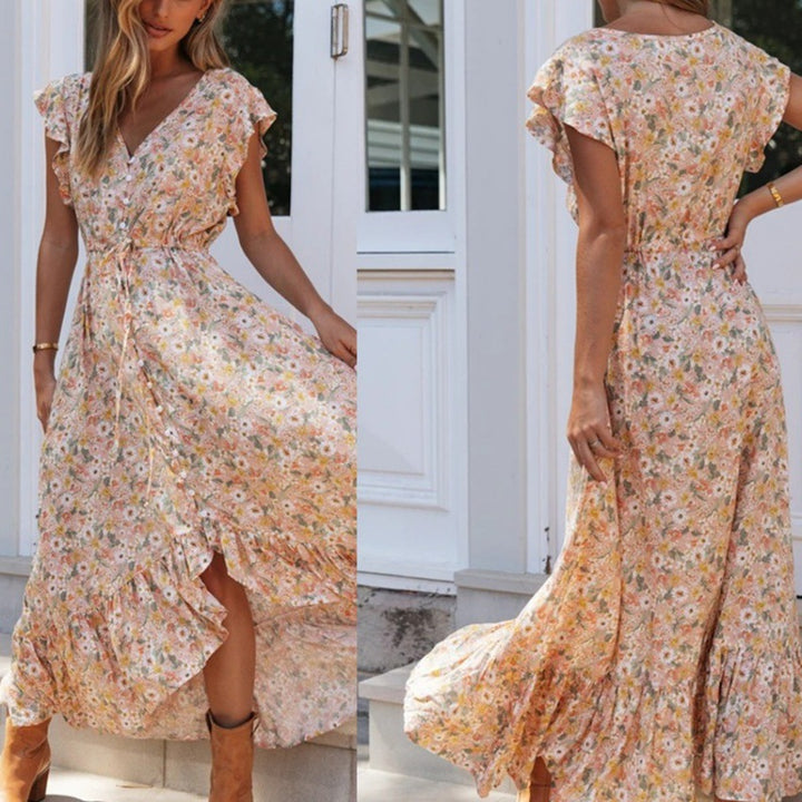 Kvinnors maxi klänning med delikat blommönster och volangdetaljer Mirla-Eva Jonsson