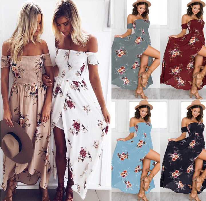 Kvinnors maxiklänning med avskuren axel-design och blommönster Mirla-Eva Jonsson