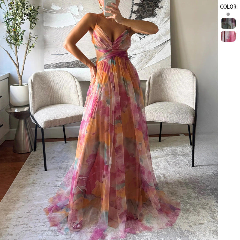 Kvinnors maxiklänning med blommig chiffondesign och elegant midja-Eva Jonsson