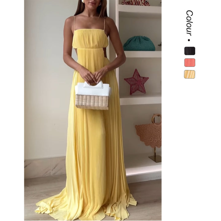 Kvinnors maxiklänning med eleganta veckade detaljer och tunna spaghettiband-Eva Jonsson