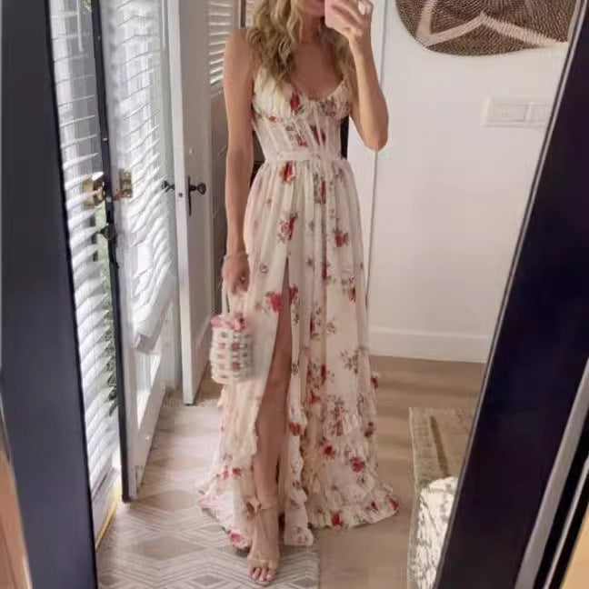 Kvinnors maxiklänning med floral spetsöverdel och hög slits Mirla-Eva Jonsson