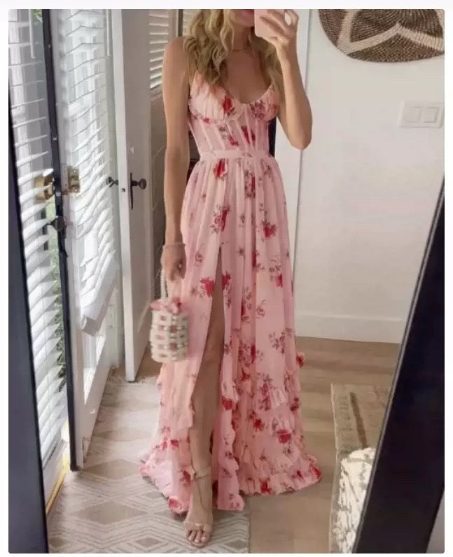 Kvinnors maxiklänning med floral spetsöverdel och hög slits Mirla-Eva Jonsson