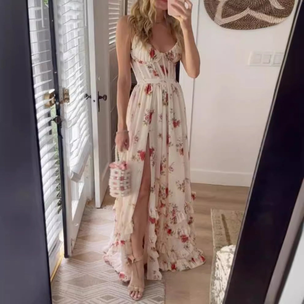 Kvinnors maxiklänning med floral spetsöverdel och hög slits Mirla-Eva Jonsson